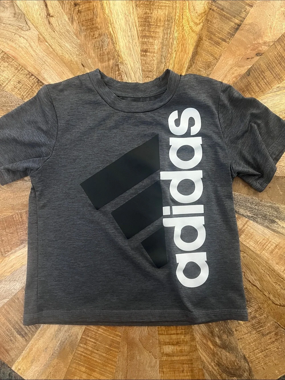 adidas Charcoal Gray Tee with Vertical Logo and Black Stripes